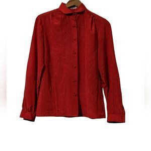 Josephine Vintage Women's Long Sleeve Button Up Silky Jacquard Blouse Red Sz 8 B
